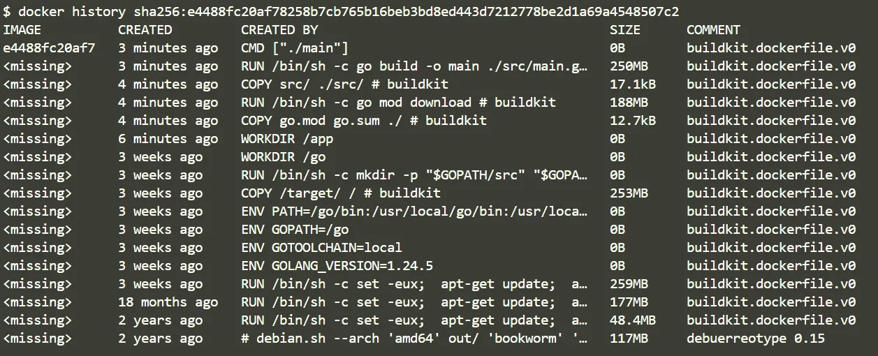 docker history output